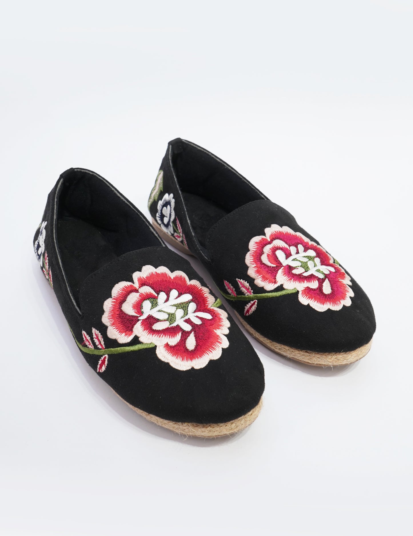 Floral Embroidered Espadrille Loafers – Black