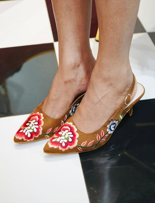 Floral Embroidered Slingback Heels