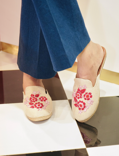 Floral Linen Espadrille Mules