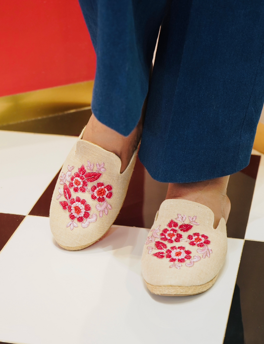 Floral Linen Espadrille Mules
