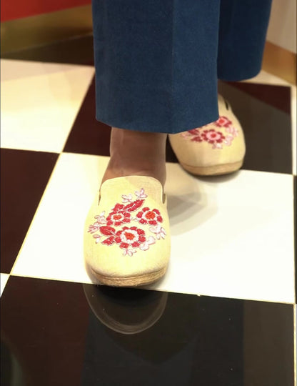 Floral Linen Espadrille Mules