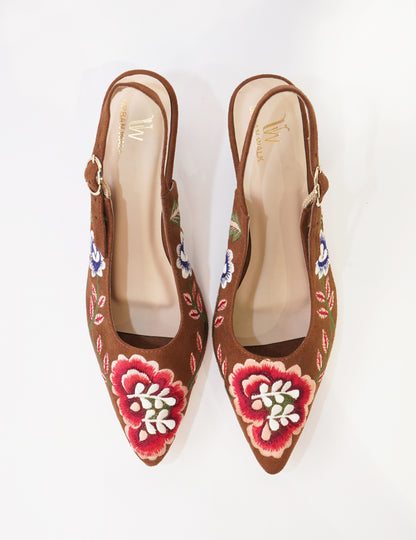 Floral Embroidered Slingback Heels