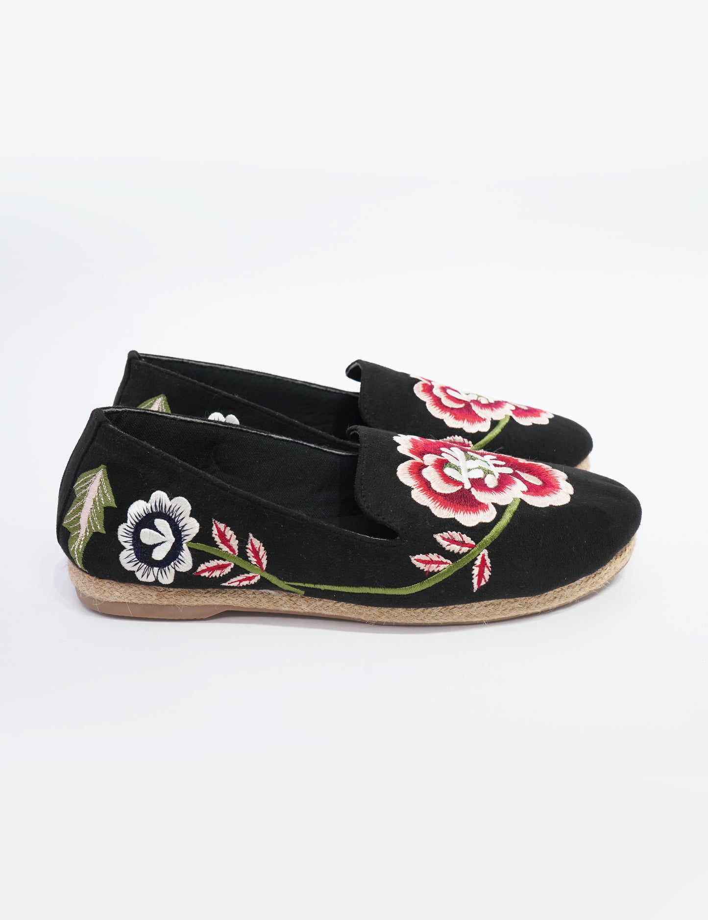 Floral Embroidered Espadrille Loafers – Black
