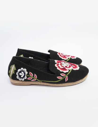 Floral Embroidered Espadrille Loafers – Black