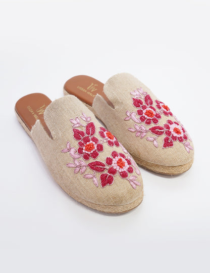 Floral Linen Espadrille Mules