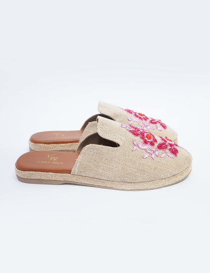 Floral Linen Espadrille Mules