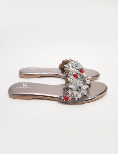 Blossom Embellished Flats - Silver