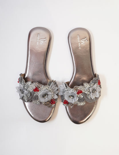 Blossom Embellished Flats - Silver